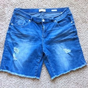 Seven7 Distressed Easy Fit Raw Hem Dark Wash Shorts